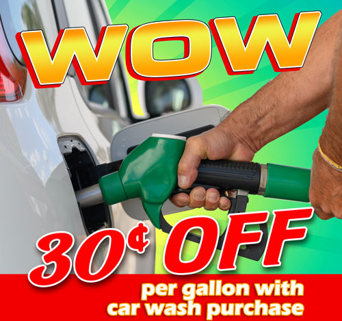 hand holding gas pump nozzle in car with text WoW 30¢ off per gallon with car wash purchase