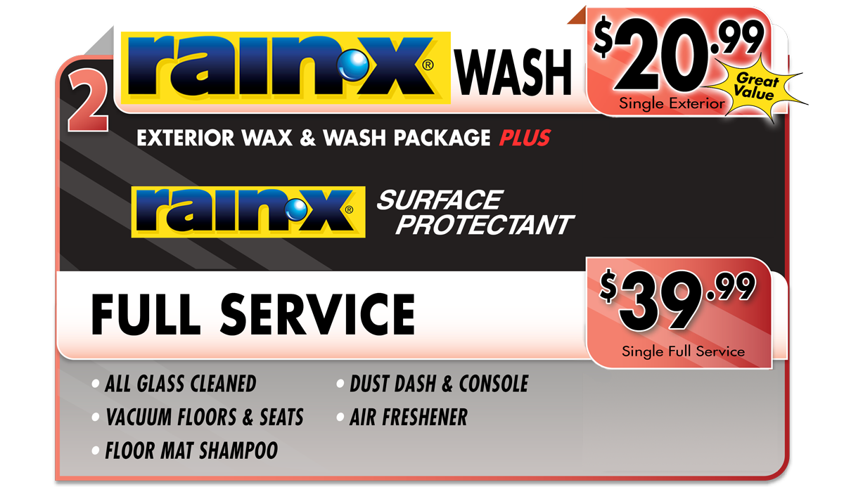 Rain-x exterior and full service car wash options